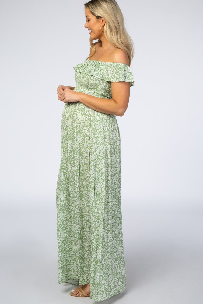 PinkBlush Green Floral Ruffle Off Shoulder Maternity Maxi Dress Small PinkBlush Green Floral Ruffle Off Shoulder Maternity Maxi Dress Small