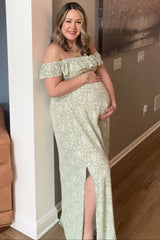 Green Floral Ruffle Off Shoulder Maternity Maxi Dress