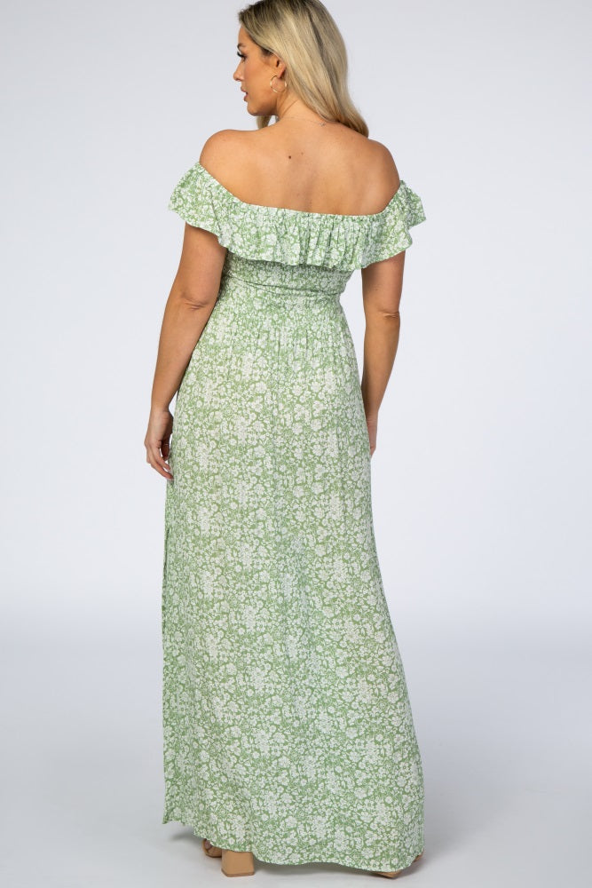 PinkBlush Green Floral Ruffle Off Shoulder Maternity Maxi Dress Small
