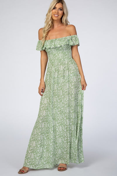 Green Floral Ruffle Off Shoulder Maxi Dress PinkBlush Green Floral Ruffle Off Shoulder Maxi Dress PinkBlush