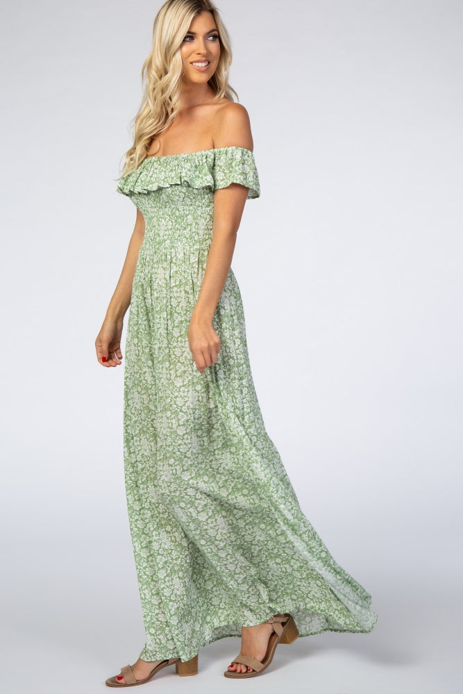 Green Floral Ruffle Off Shoulder Maxi Dress Green Floral Ruffle Off Shoulder Maxi Dress