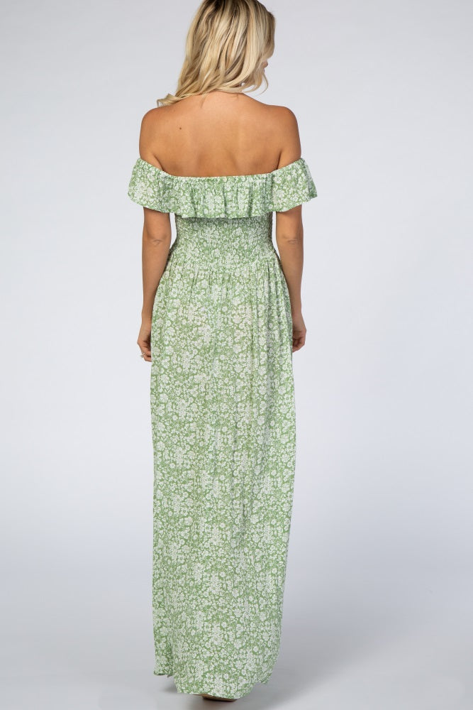 Green Floral Ruffle Off Shoulder Maxi Dress  PinkBlush