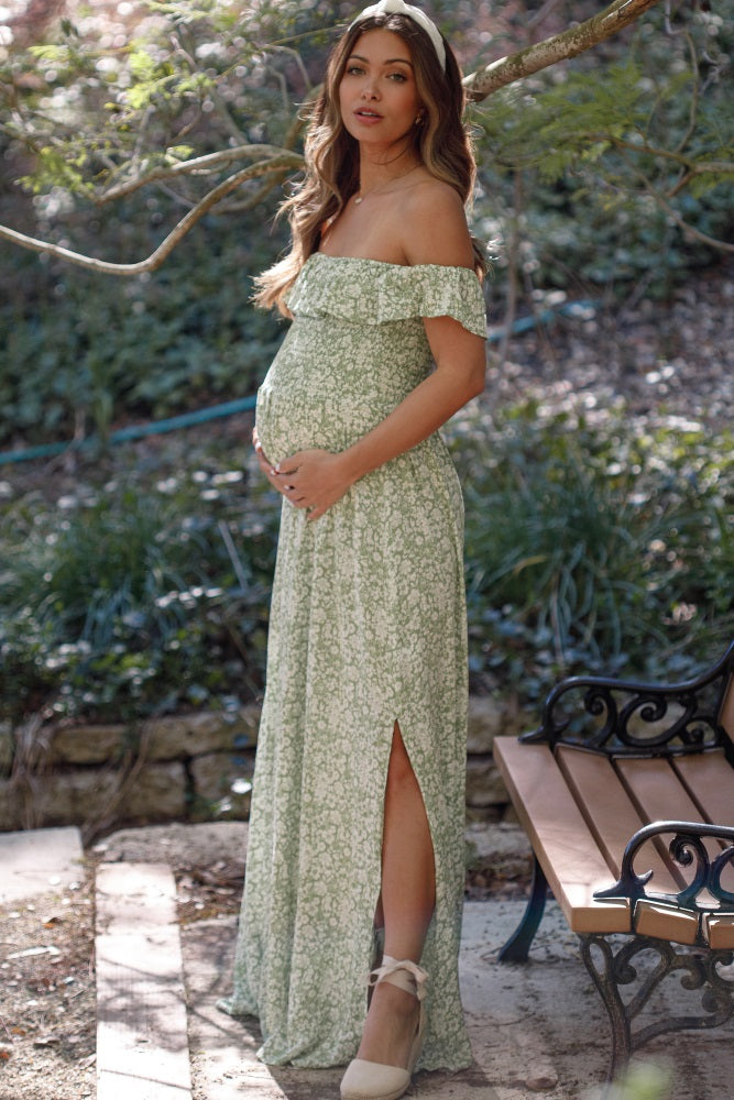 Green Floral Ruffle Off Shoulder Maternity Maxi Dress Green Floral Ruffle Off Shoulder Maternity Maxi Dress