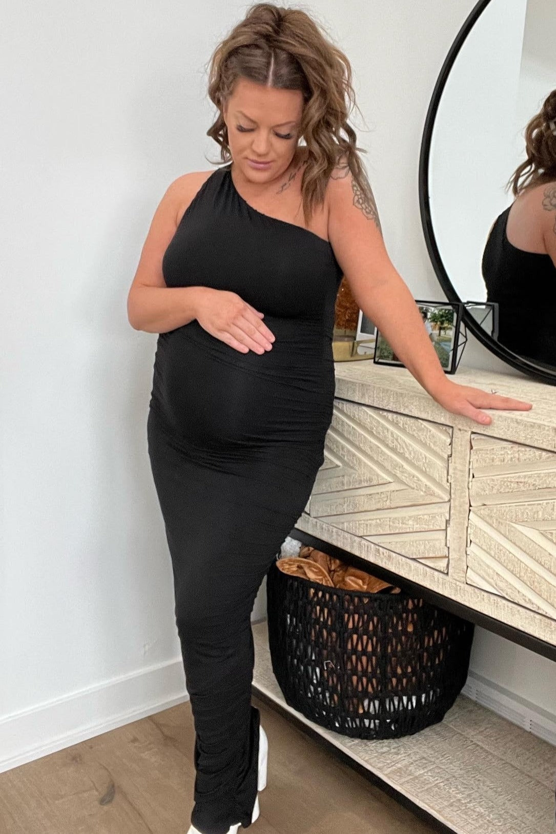 ruched one shoulder maternity dress Lavender Ruched Mesh One Shoulder Maternity Maxi Dress PinkBlush