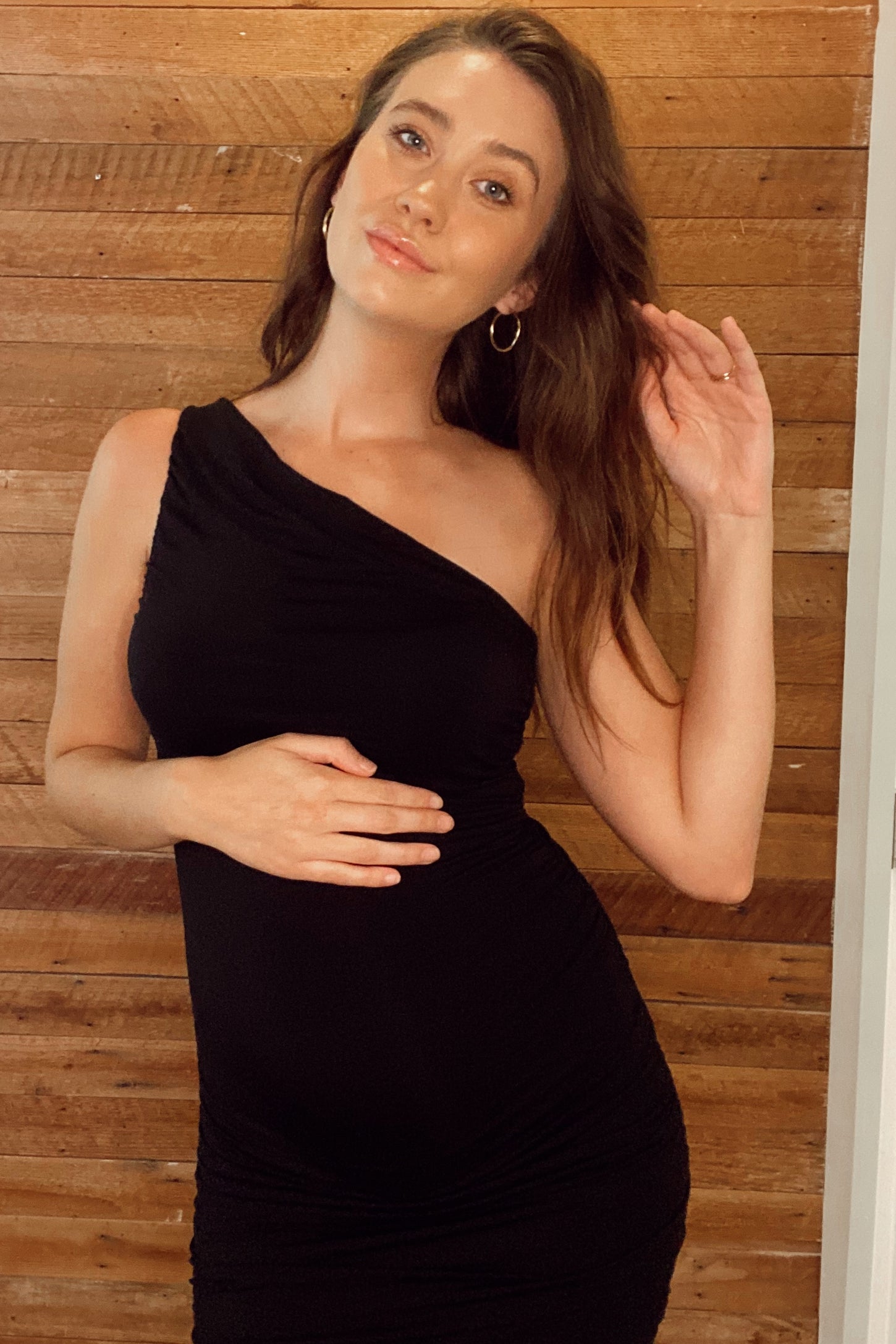 ruched one shoulder maternity dress PinkBlush Black Ruched One Shoulder Maternity Dress