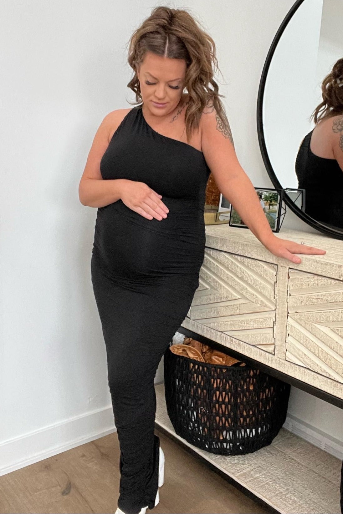 PinkBlush Black Ruched One Shoulder Maternity Dress PinkBlush Black Ruched One Shoulder Maternity Dress