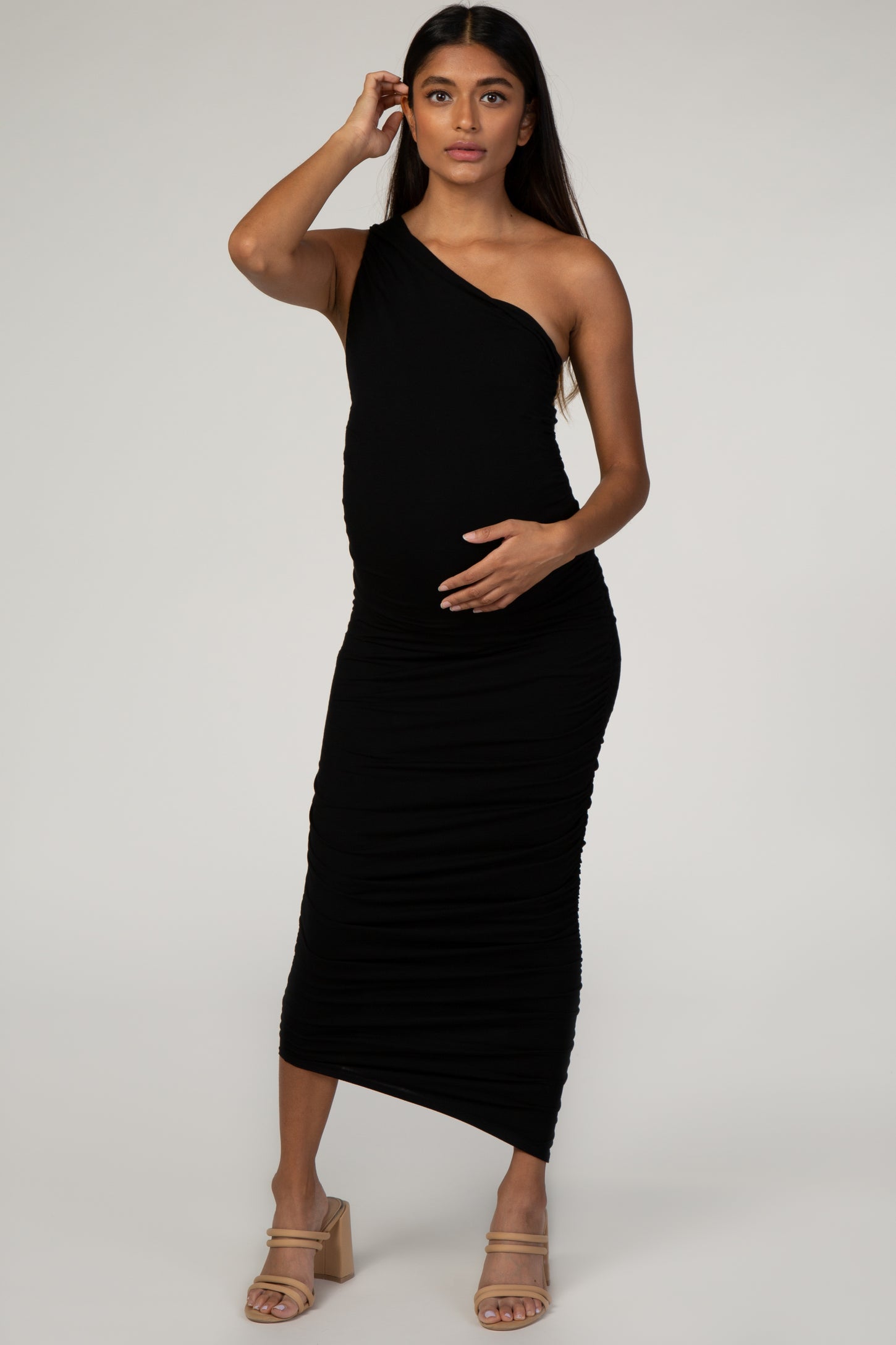 PinkBlush Black Ruched One Shoulder Maternity Dress PinkBlush Black Ruched One Shoulder Maternity Dress
