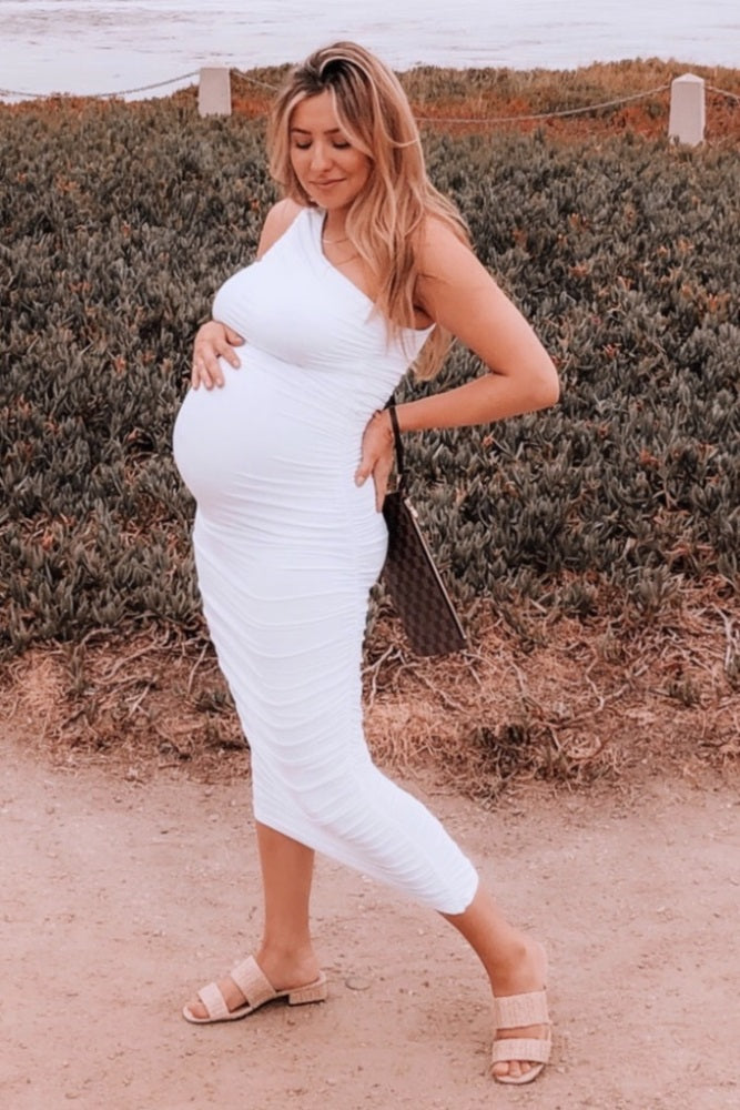 one shoulder white maternity dress boohoo Women's Maternity Beaded Tie One Shoulder Smock Maxi Dress in Ecru | Size: 10