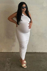 White Ruched One Shoulder Maternity Dress