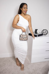 White Ruched One Shoulder Dress