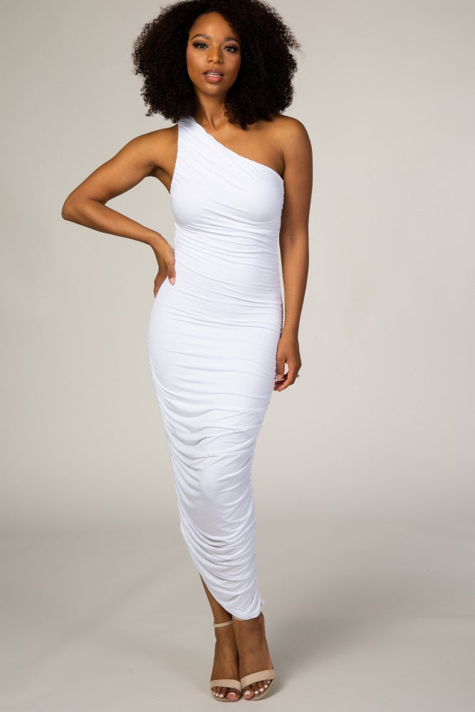 White Ruched One Shoulder Dress PinkBlush White Ruched One Shoulder Dress PinkBlush