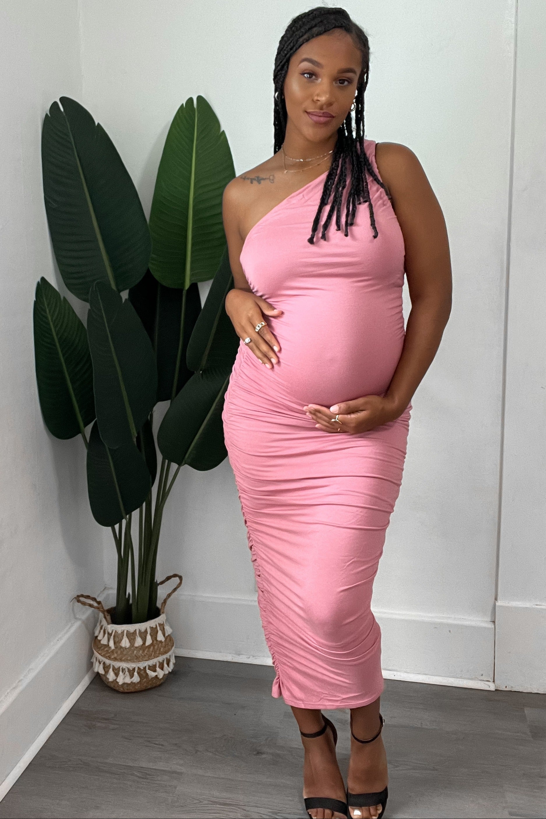 fitted lace wedding dress PinkBlush Mauve Ruched One Shoulder Maternity Dress