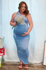 PinkBlush Light Blue Ruched One Shoulder Maternity Dress