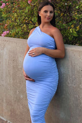 PinkBlush Light Blue Ruched One Shoulder Maternity Dress