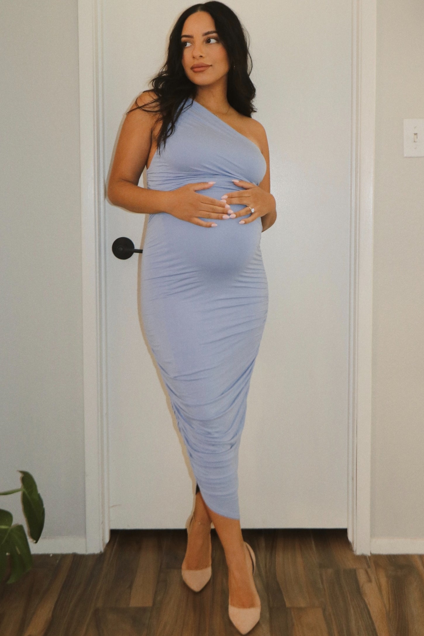 PinkBlush Light Blue Ruched One Shoulder Maternity Dress PinkBlush Light Blue Ruched One Shoulder Maternity Dress