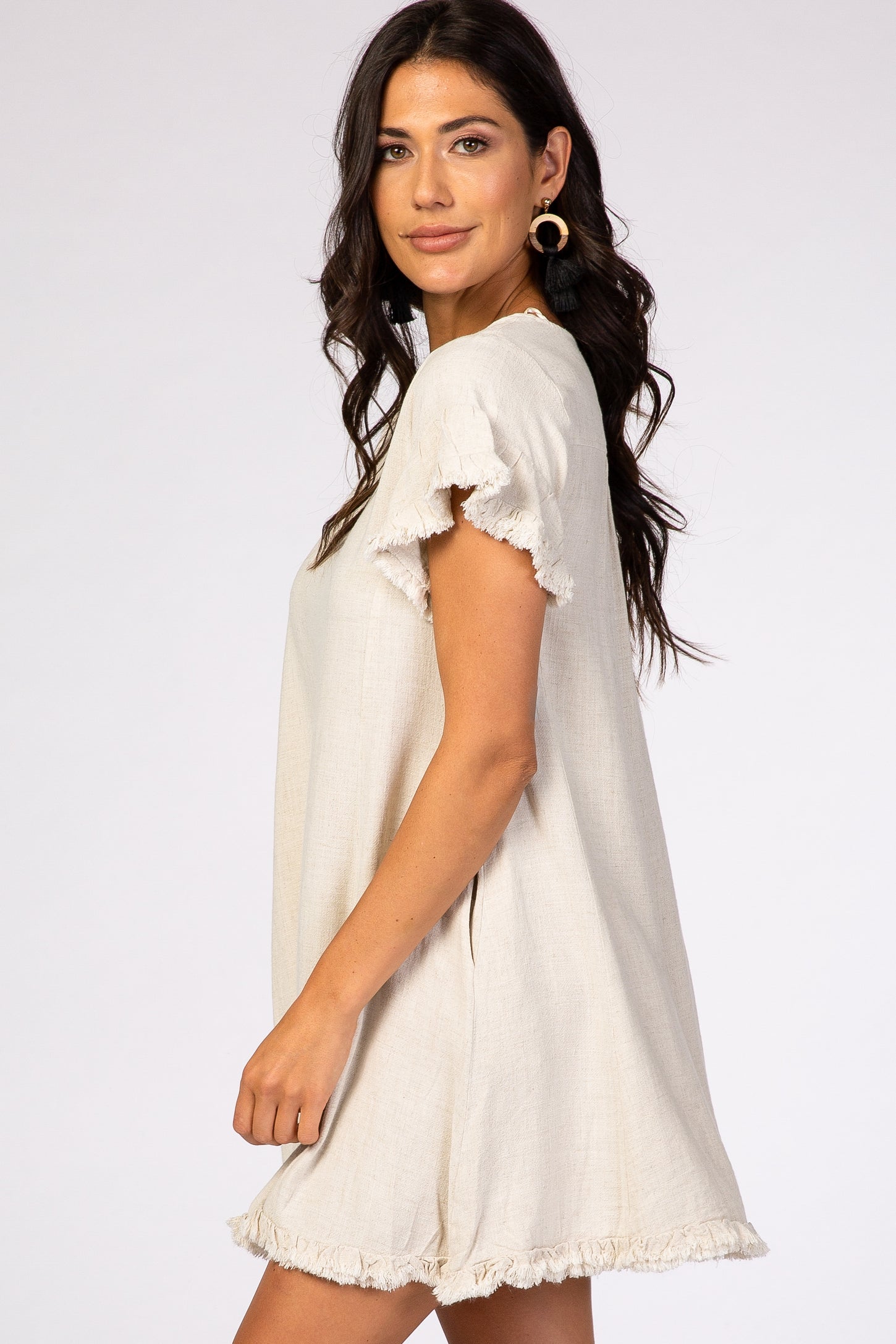 Beige Fringe Linen Dress PinkBlush Beige Fringe Linen Dress PinkBlush