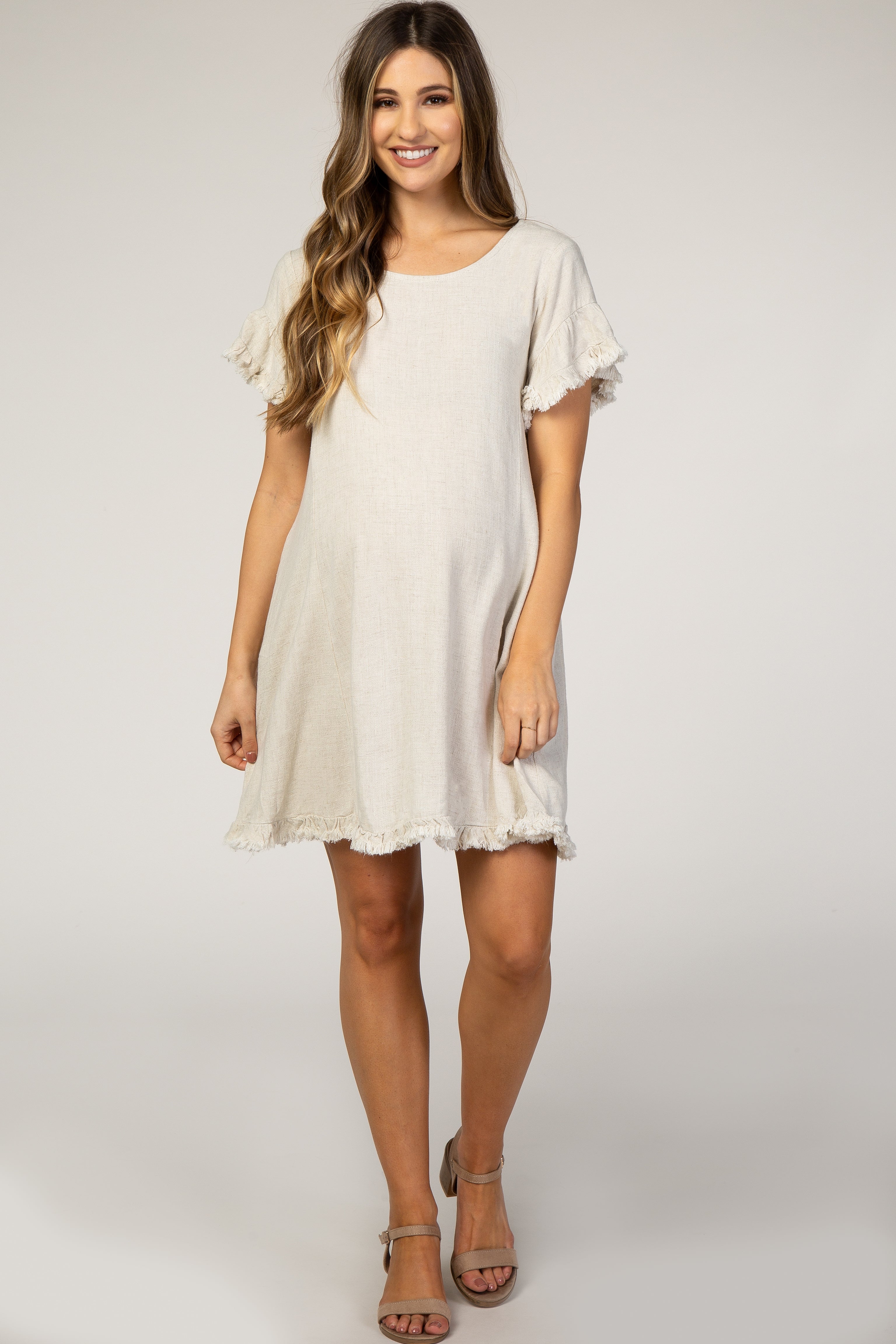 Pinkblush Beige Fringe Linen Maternity Dress
