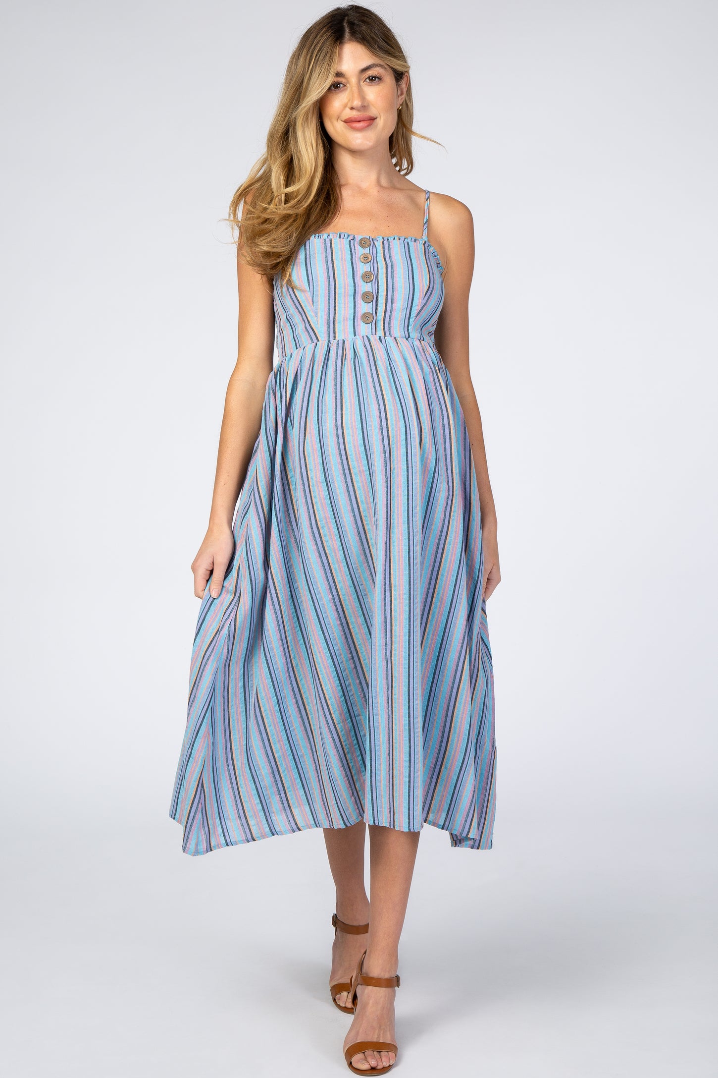 Blue Purple Striped Button Front Maternity Midi Dress Large
