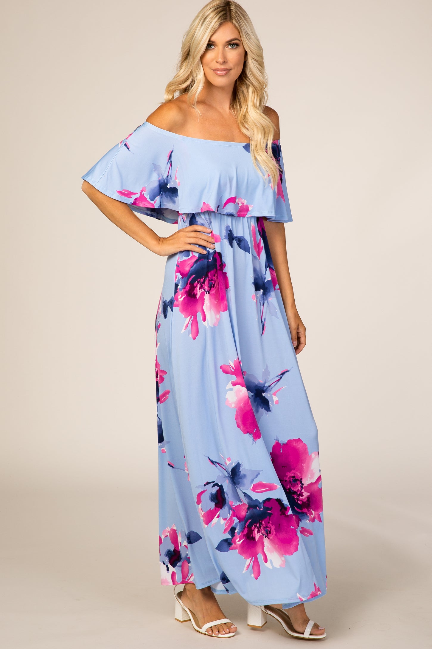 Light Blue Floral Off Shoulder Maxi Dress – PinkBlush