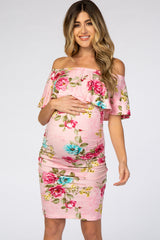 Pink Floral Off Shoulder Fitted Maternity Dress