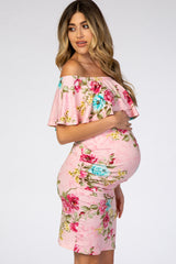 Pink Floral Off Shoulder Fitted Maternity Dress