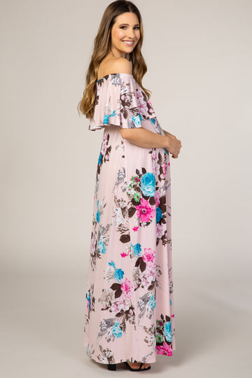 Light Pink Floral Off Shoulder Maternity Maxi Dress