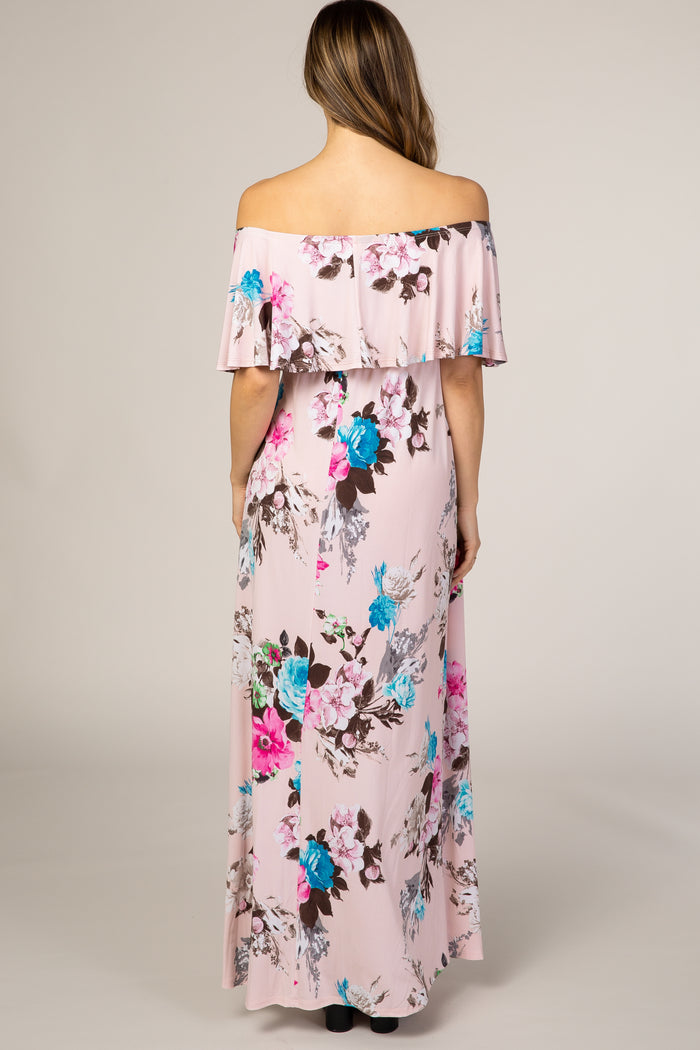 Light Pink Floral Off Shoulder Maternity Maxi Dress