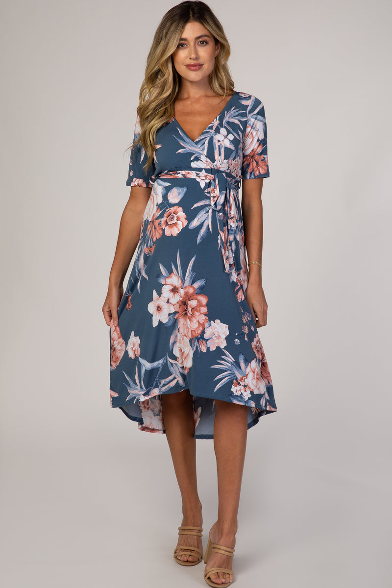 Blue Floral Draped Hi-Low Maternity Dress– PinkBlush