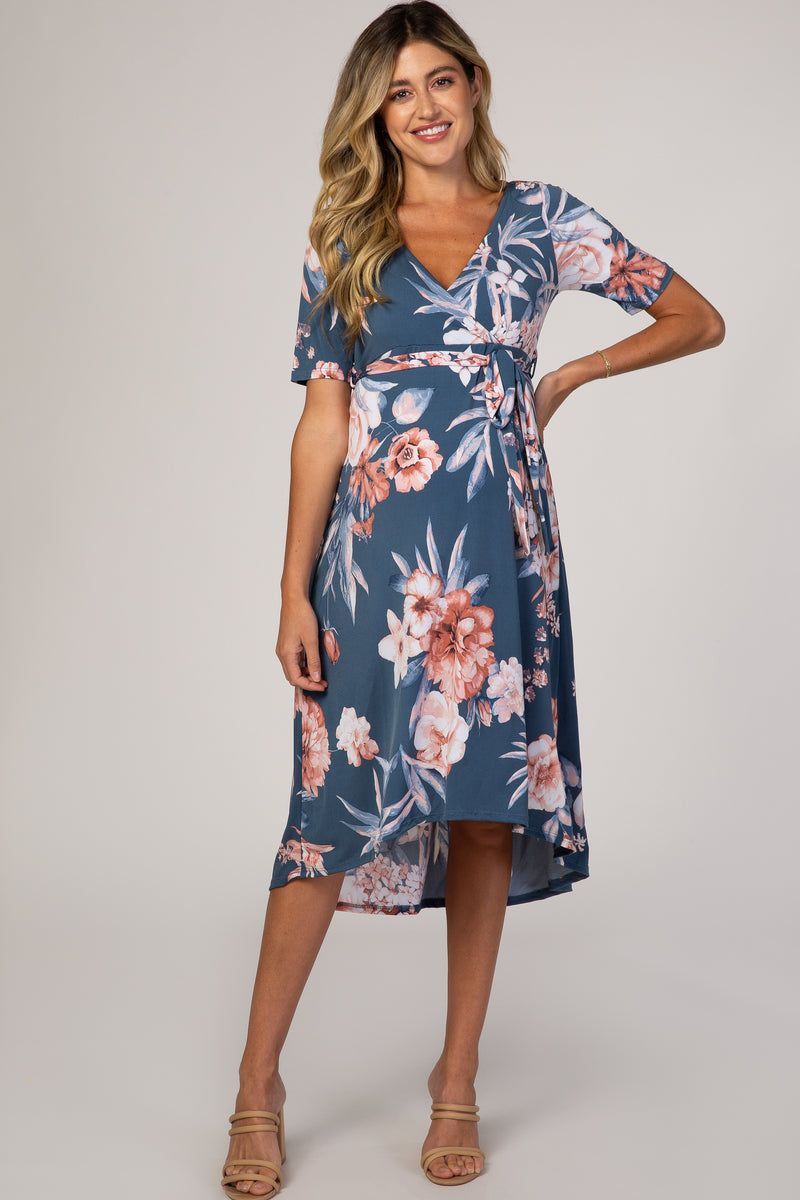 Blue Floral Draped Hi-Low Maternity Dress – PinkBlush
