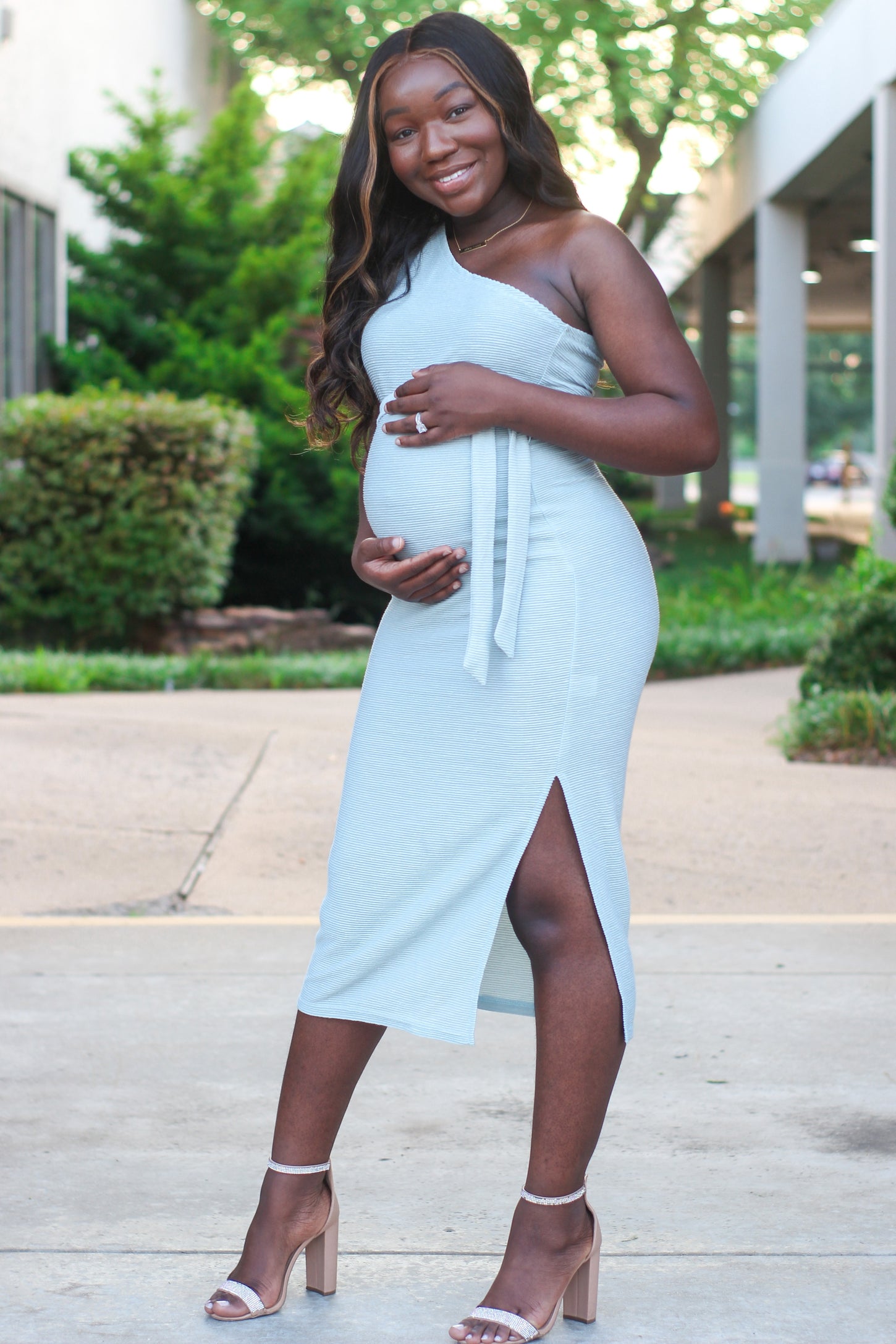 Light Blue One Shoulder Fitted Maternity Midi Dress PinkBlush Light Blue One Shoulder Fitted Maternity Midi Dress PinkBlush