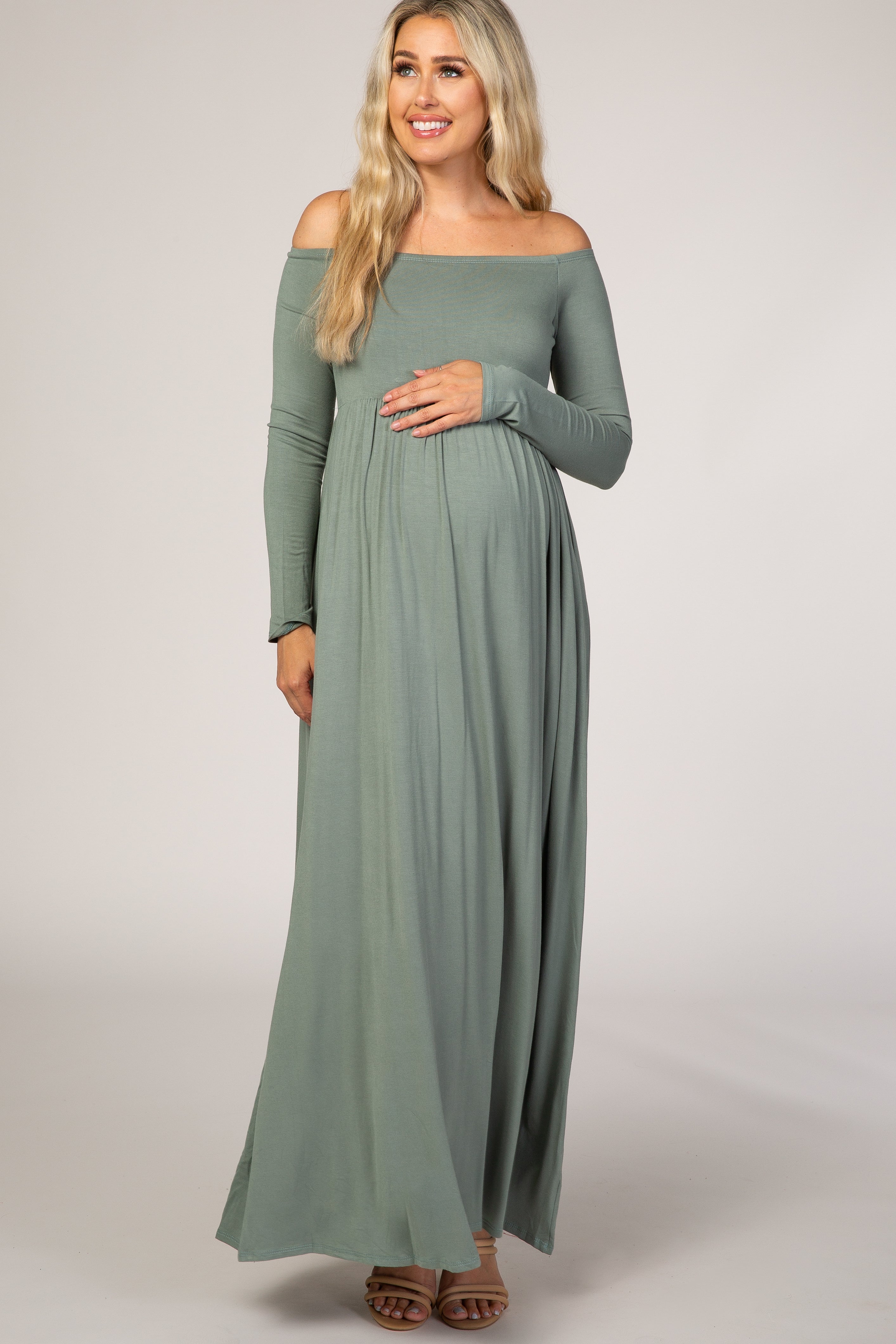 Sage Off Shoulder Long Sleeve Maternity Maxi Dress – PinkBlush