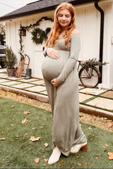 Sage Off Shoulder Long Sleeve Maternity Maxi Dress