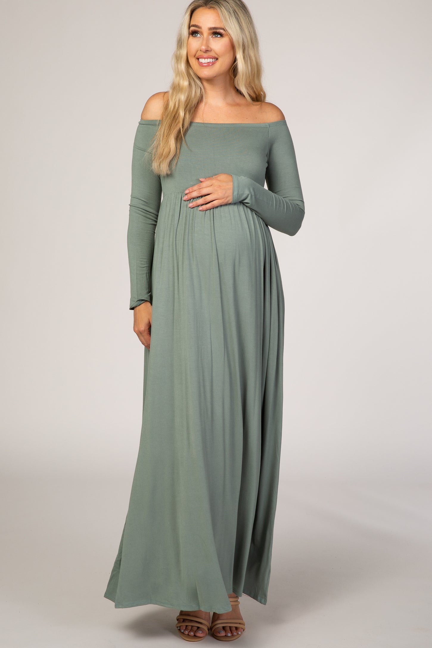 PinkBlush Sage Off Shoulder Long Sleeve Maternity Maxi Dress