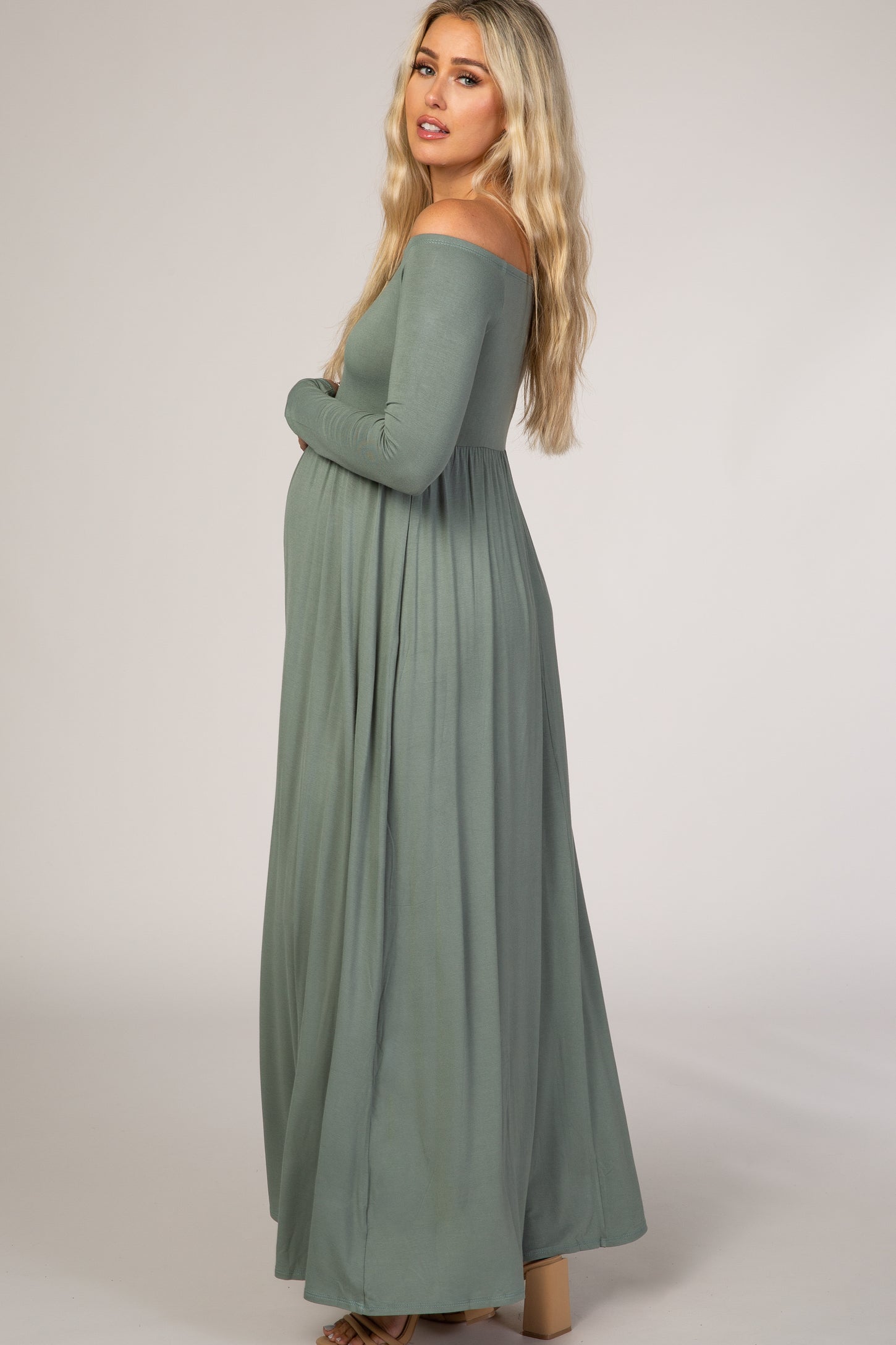 PinkBlush Sage Off Shoulder Long Sleeve Maternity Maxi Dress