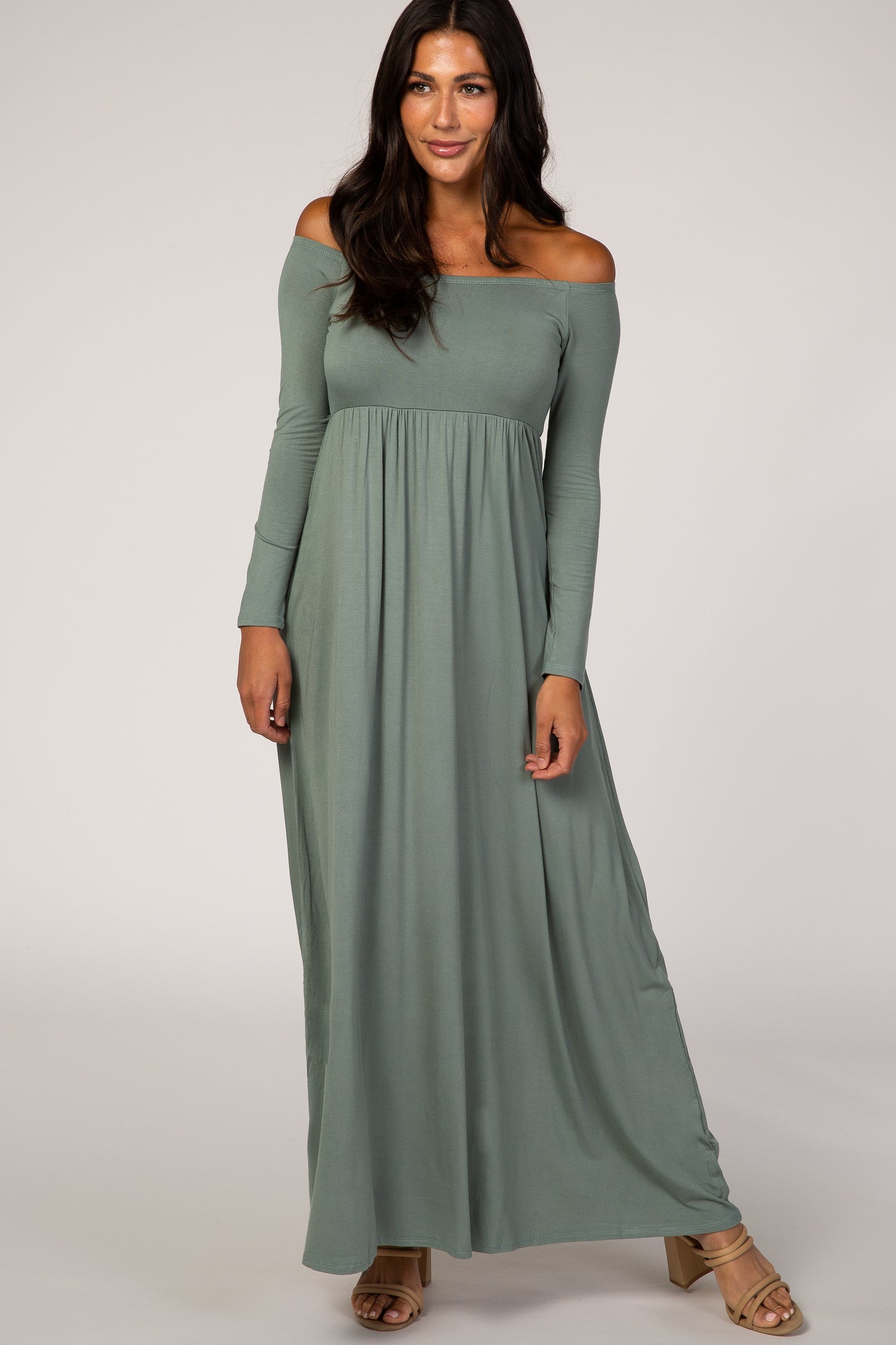 Sage Off Shoulder Long Sleeve Maternity Maxi Dress PinkBlush Sage Off Shoulder Long Sleeve Maternity Maxi Dress PinkBlush