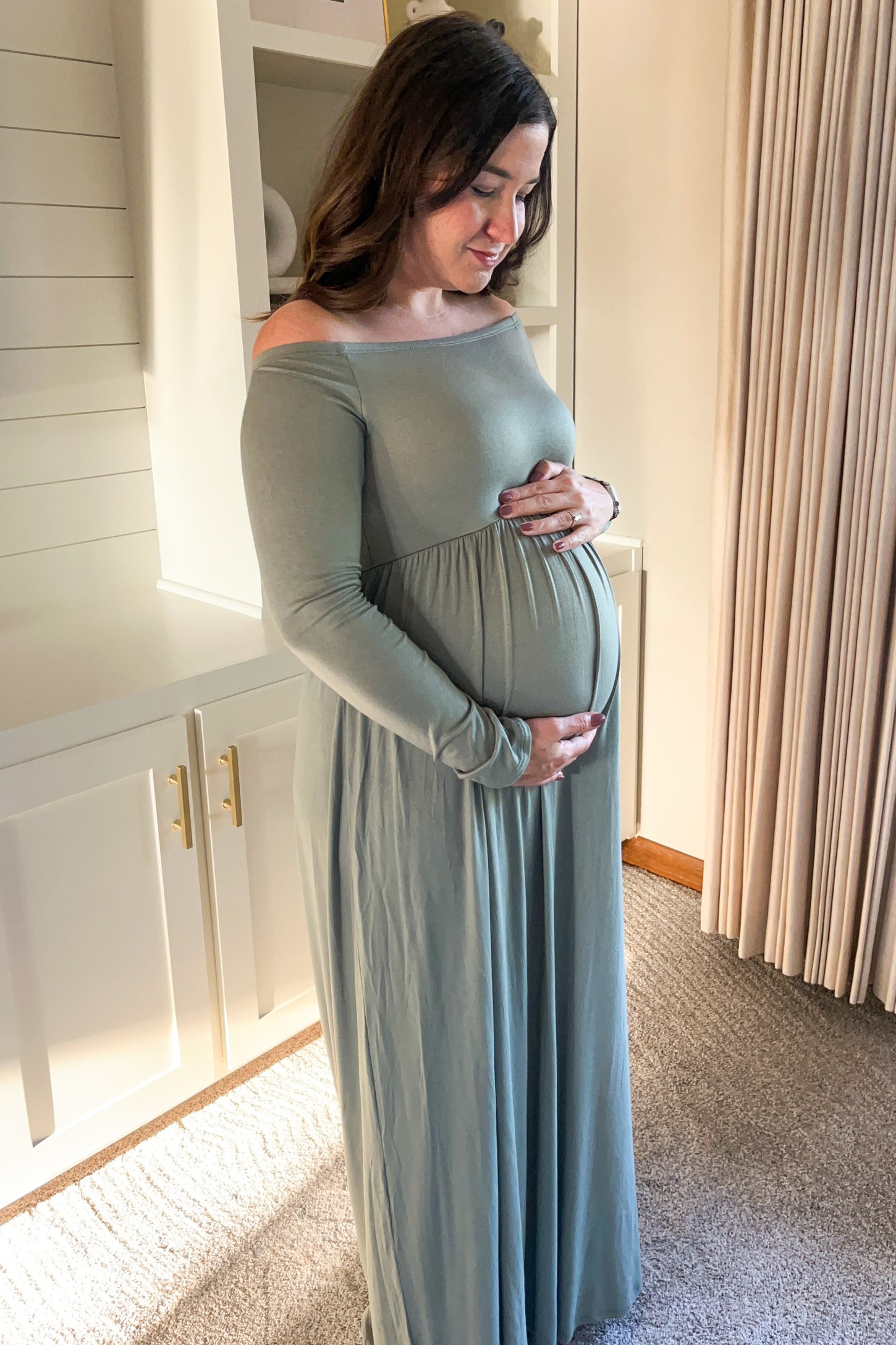Sage Off Shoulder Long Sleeve Maternity Maxi Dress PinkBlush Sage Off Shoulder Long Sleeve Maternity Maxi Dress PinkBlush