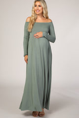 Sage Off Shoulder Long Sleeve Maternity Maxi Dress