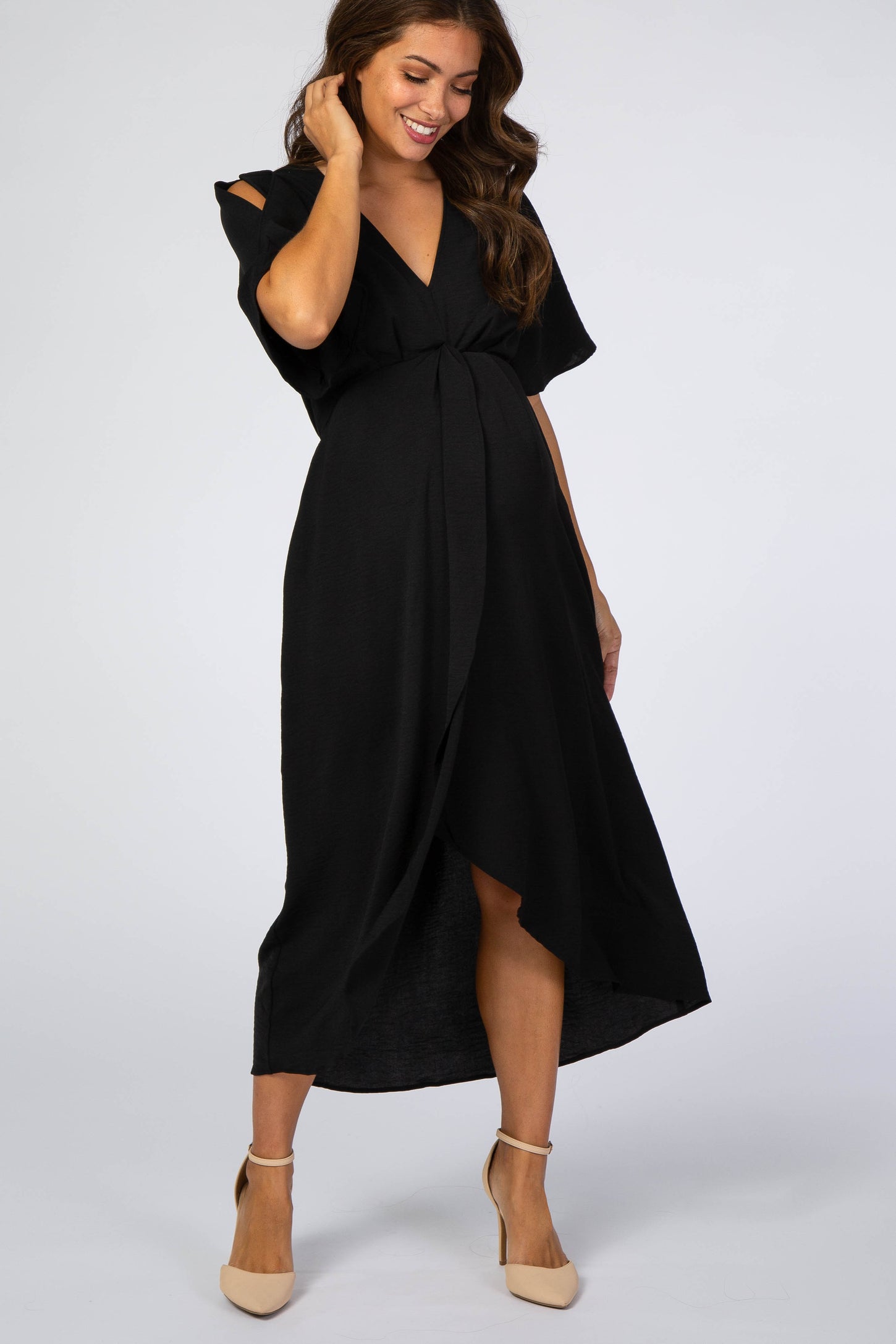Black Open Sleeve Maternity Wrap Midi Dress Black Open Sleeve Maternity Wrap Midi Dress