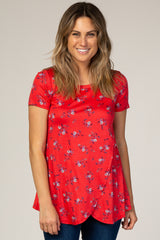 Red Floral Draped Maternity/Nursing Top