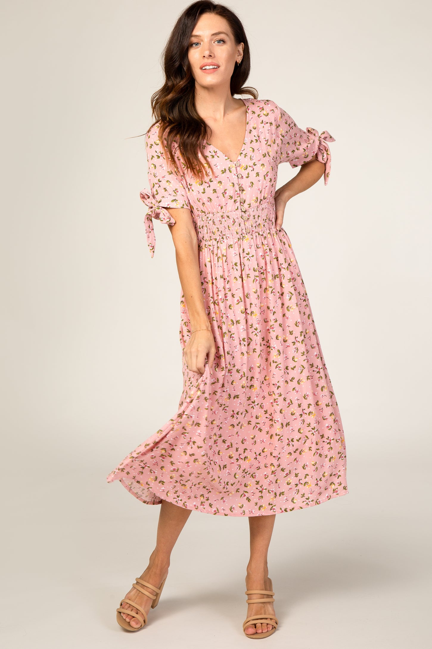 Pink Floral Tie Sleeve Midi Dress PinkBlush Pink Floral Tie Sleeve Midi Dress PinkBlush
