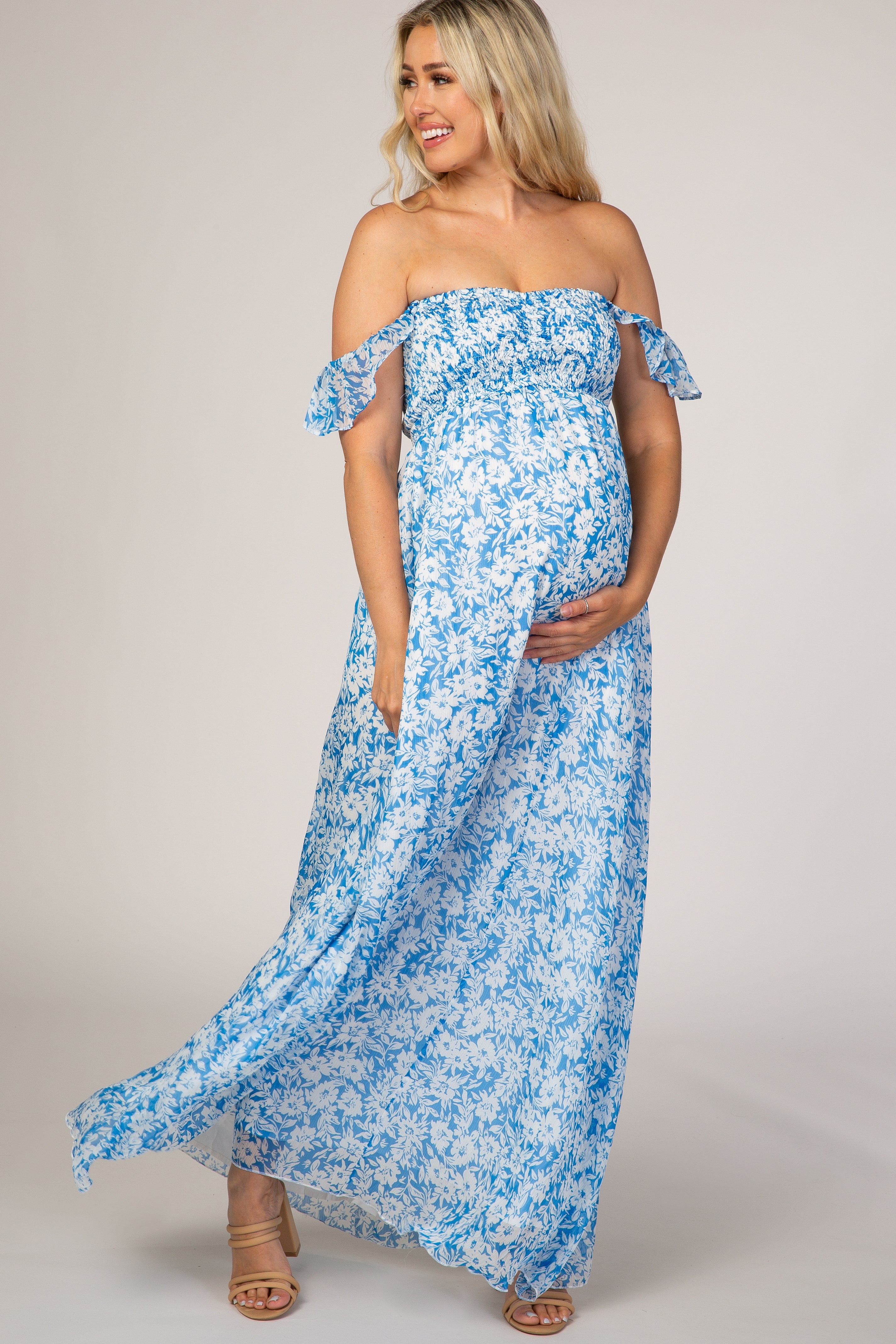 Blue Floral Flutter Sleeve Maternity Maxi Dress Blue Floral Flutter Sleeve Maternity Maxi Dress