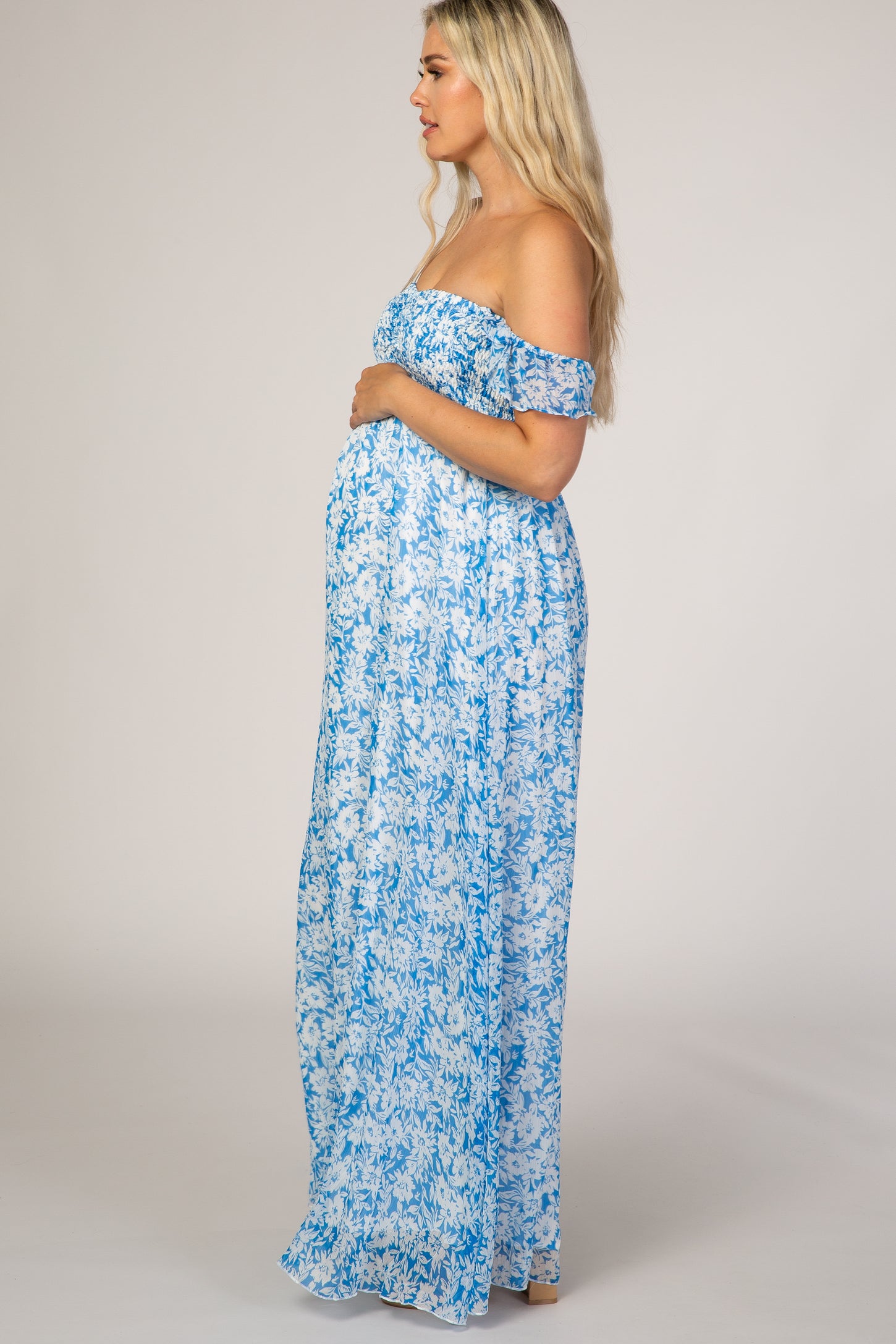 Blue Floral Flutter Sleeve Maternity Maxi Dress PinkBlush Blue Floral Flutter Sleeve Maternity Maxi Dress PinkBlush