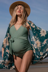 Olive Waist Tie Maternity One-Piece Swimsuit