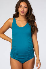 Teal Scoop Front Low Back Ruched One-Piece Maternity Swimsuit