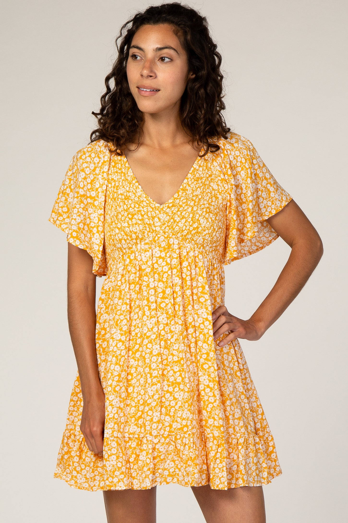 Yellow Floral Smocked Ruffle Maternity Dress