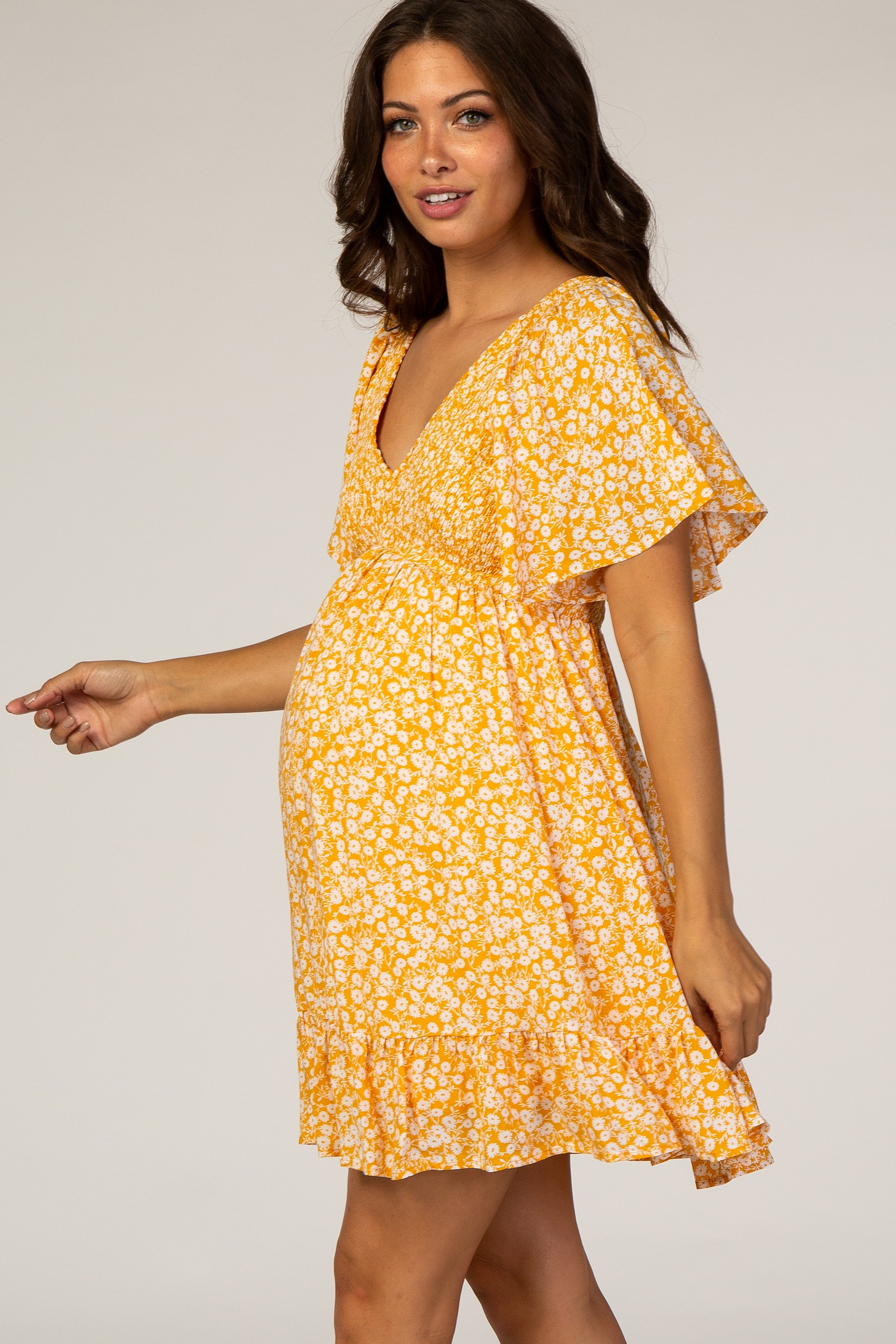 PinkBlush Yellow Floral Smocked Ruffle Maternity Dress