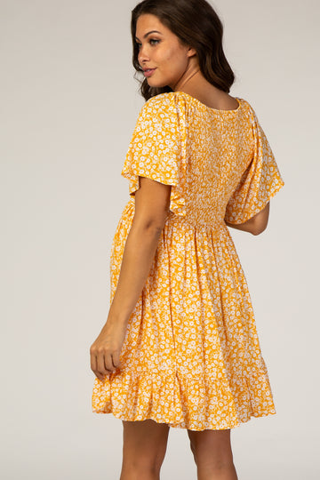 Yellow Floral Smocked Ruffle Maternity Dress
