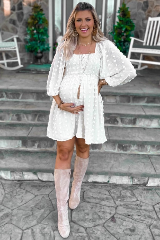 Beige Textured Dot Smocked Square Neck Chiffon Dress from PinkBlush - Small Beige Textured Dot Smocked Square Neck Chiffon Dress from PinkBlush - Small