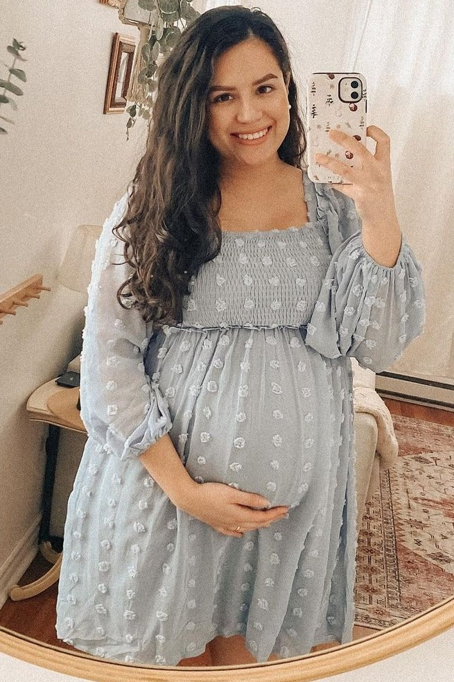 light blue textured dot smocked square neck chiffon maternity dress AISWI Women's 2023 Maternity Dress Summer Square Neck Smocked Long Dress Short Puff Sleeves Baby Shower Pregnancy, Swiss Dot, Light Blue, Small at Amazon Women's Clothing store