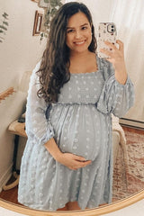 Light Blue Textured Dot Smocked Square Neck Chiffon Maternity Dress